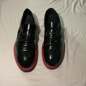 Salvatore Ferragamo Black Leather Loafers with Red Trim